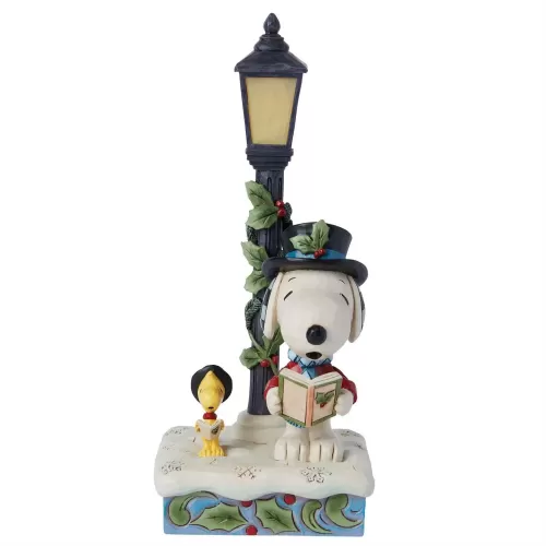 Snoopy & Woodstock Next To Lit Lampost
